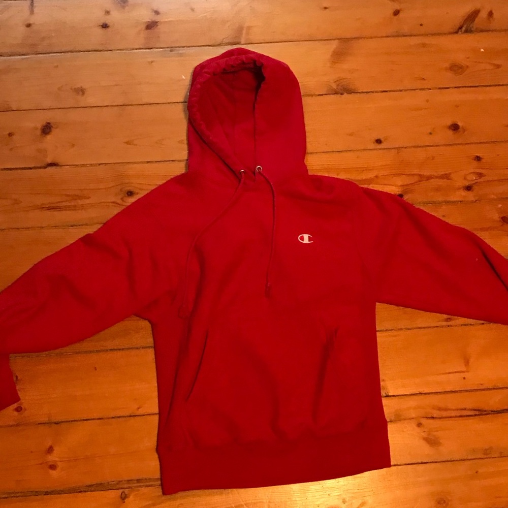 Red reverse weave Champion hoodie